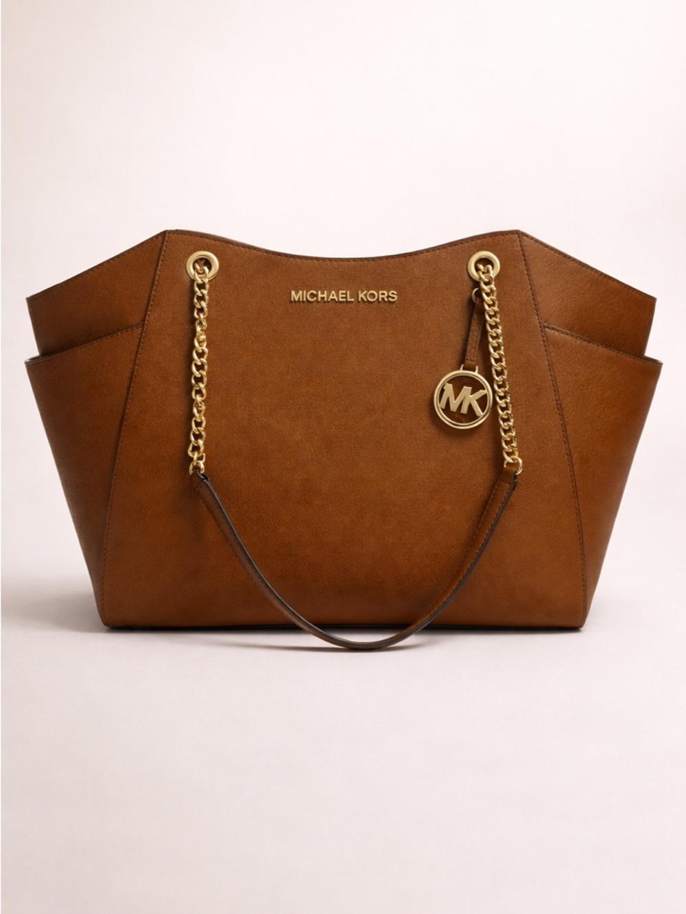 Michael Kors Brown Saffiano Leather Tote with Gold Chain Detail